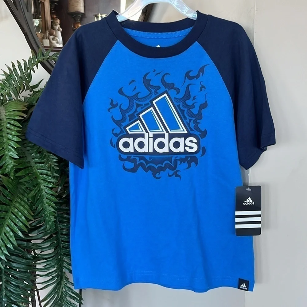 Brand New Adidas Blue Colorblock Shirt Fire Flames Graphic Print Athletic Top